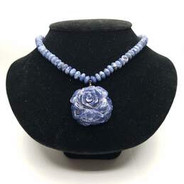 Sterling Silver Sodalite F Carved Flower Pendant 16" Necklace 54.3g