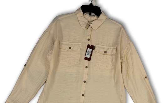 NWT Womens Tan Collared Long Sleeve Pockets Button-Up Shirt Size Small image number 3