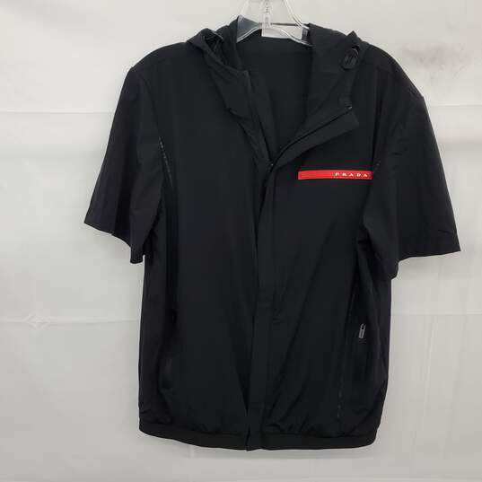 Prada Men's Black Bi-Stretch Short Sleeve Hooded Jacket Size 50 - AUTHENTICATED image number 1