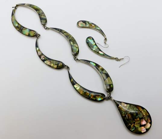 Artisan Mexico Silvertone Abalone Shell Chips In Resin Teardrops Pendant Paneled Necklace & Matching Drop Earrings Set 71g image number 1