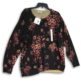 NWT Croft & Barrow Womens Black Floral Knitted Button Front Cardigan Sweater 3X