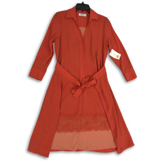 NWT Womens Orange Lace Hem Long Sleeve Collared Belted Hi-Low Shirt Dress Size S image number 1