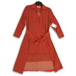 NWT Womens Orange Lace Hem Long Sleeve Collared Belted Hi-Low Shirt Dress Size S