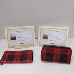2pc Set of Authenticated Coach Signature Canvas w/Field Plaid Print Wallets