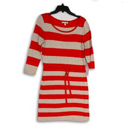 Womens Gray Orange Striped Drawstring Waist 3/4 Sleeve Sweater Dress Size M