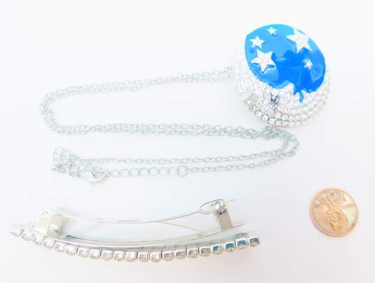 Vintage Silvertone Icy Clear Rhinestones & Blue Enamel Celestial Crescent Moon & Stars Pendant Brooch Necklace & Long Rectangle Barrette 46.6g image number 5