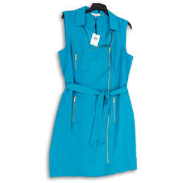 NWT Womens Blue Collared Sleeveless Tie Waist Front Zip Sheath Dress Sz 12