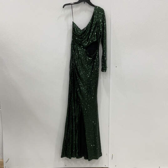 NWT Womens Green Sequin One Shoulder Back Zip Evening Maxi Dress Size L image number 2