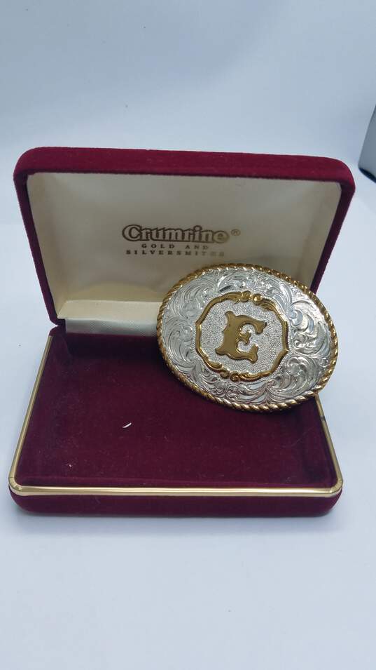Crumrine Gold And Silver Smith Belt Buckle w / Letter" E" In The Center W/ Case 67.1 image number 3