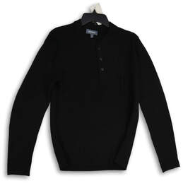 Mens Black Long Sleeve Knitted Henley Sweater Size Medium