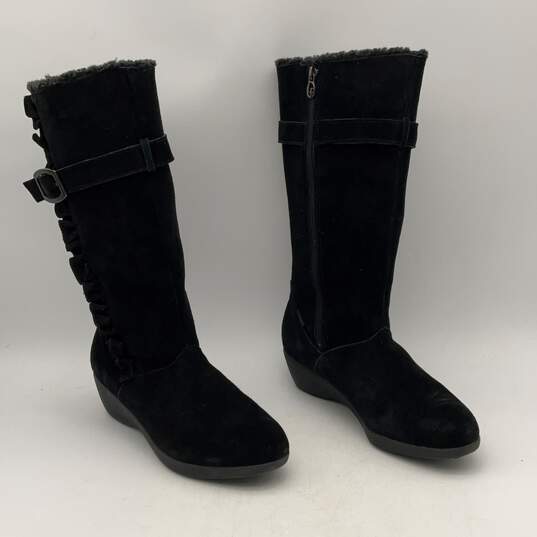 London Fog Womens Black Leather Ruffle Buckle Tall High Heel Winter Boots Sz 10 image number 2