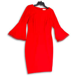 Womens Red Round Neck Bell Sleeve Back Zip Knee Length Sheath Dress Size 6
