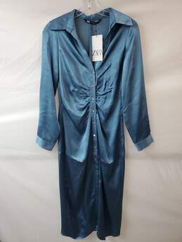 Zara Blue Satin Button Down Long Collared Shirt Dress Size S