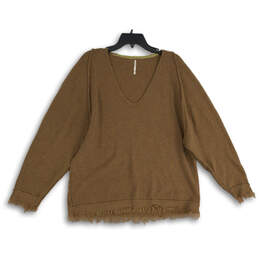Womens Brown Fringe V-Neck Long Sleeve Pullover Sweater Size XS