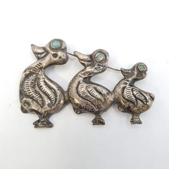 Sterling Silver Turquoise 3 Ducks In A Row Brooch Damage 16.0g image number 5