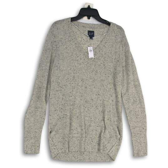 NWT GAP Womens Gray Knitted V-Neck Long Sleeve Pullover Sweater Size M image number 1
