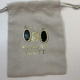 Designer Kendra Scott Gold-Tone Fish Hook Black Stone Drop Earrings w/ Bag