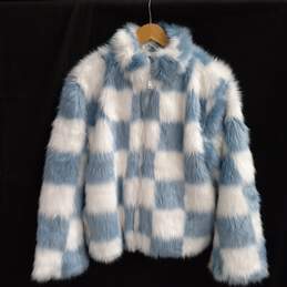 Forever 21 Women's Blue & White Square Full Zip Faux Fur Jacket Size S