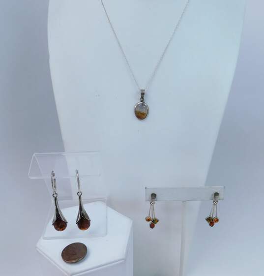 Artisan 925 Modernist Speckled Agate Oval Pendant Necklace & Amber Teardrop Flower & Cabochons Tassel Drop Earrings 12.8g image number 6