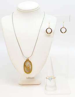 Kathy Bransfield 925 Vermeil Grandma Pendant Necklace Diamond Accent Drop Earrings & Blue Glass Heart Ring 21.9g