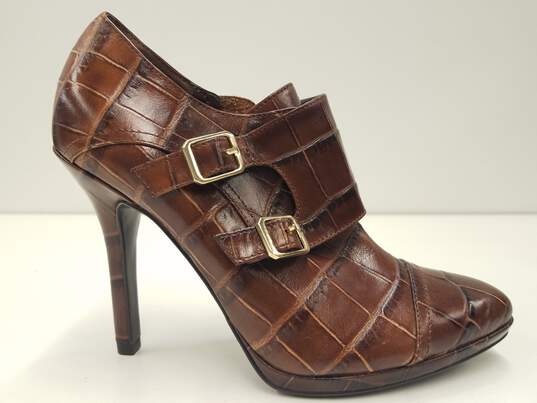 Lauren by Ralph Lauren Latisha Brown Croc Embossed Leather Ankle Buckle Zip Heel Boots Size 5 B image number 5