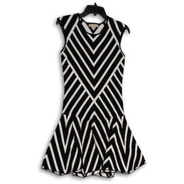 Womens Black White Chevron Stretch Sleeveless Round Neck Sweater Dress Sz M