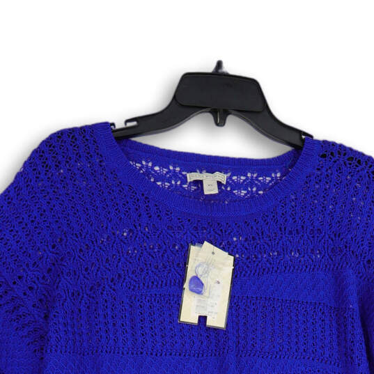 NWT Womens Blue Open Knit Patchwork 3/4 Sleeve Pullover Sweater Size XL image number 3