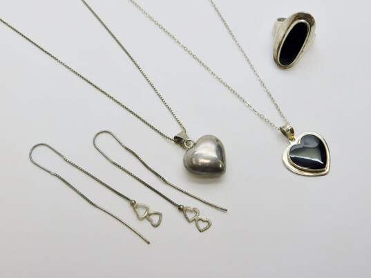Romantic 925 Black Enamel & Puffy Heart Pendant Necklaces Ring & Heart Threader Earrings 18.5g image number 1