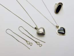 Romantic 925 Black Enamel & Puffy Heart Pendant Necklaces Ring & Heart Threader Earrings 18.5g