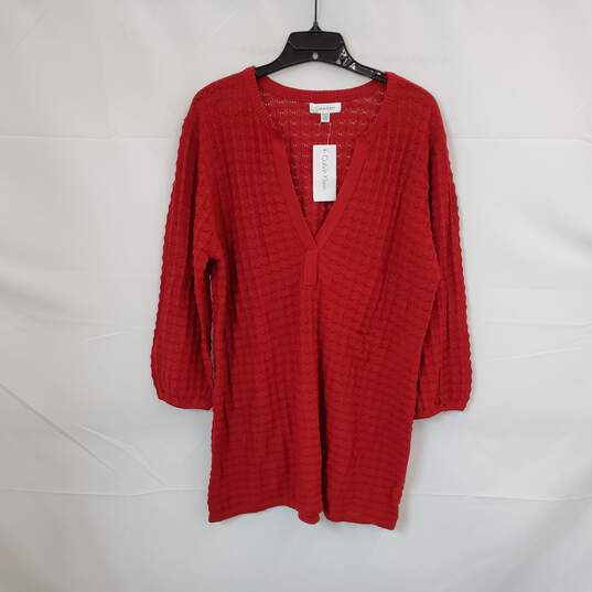 Calvin Klein Red Cotton Blend Open Knit Pullover Sweater WM Size XL NWT image number 1