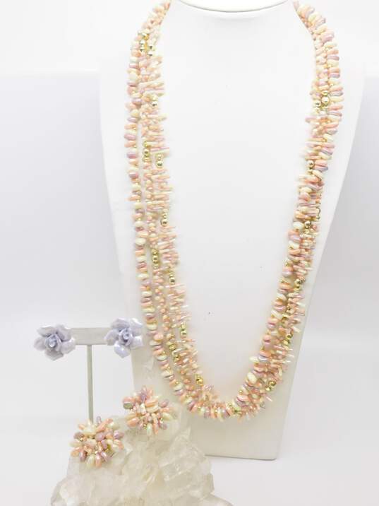 Vintage Iridescent Pastel Multi Strand Beaded Necklace & Floral & Beaded Clip On Earrings 86.5g image number 2