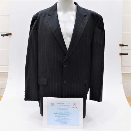 Melange Grey Pinstripe Wool Tailored Blazer Suit Jacket With COA image number 1
