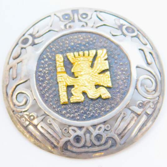 Artisan 925 Sterling Silver & 18k Yellow Gold Peruvian Etched Brooch Pin 11.9g image number 1