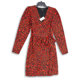 NWT Womens Red Black Leopard Print Long Sleeve V Neck Wrap Dress Size 2T