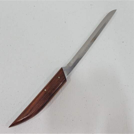 Vtg ROBESON Shur-Edge Frozen Heat Carving Knife Fork Set W/Wood Holder image number 4