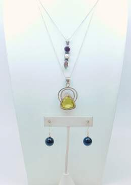 Artisan 925 Sterling Silver Onyx Ball Drop Earrings & Citrine Garnet Abalone Pendant Necklaces 22.4g