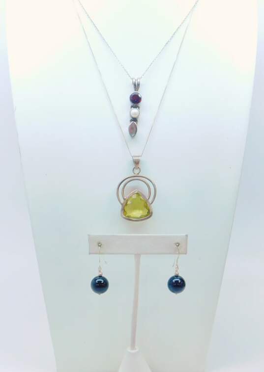 Artisan 925 Sterling Silver Onyx Ball Drop Earrings & Citrine Garnet Abalone Pendant Necklaces 22.4g image number 1
