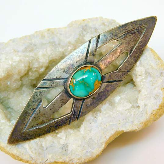 Artisan 925 Southwestern Turquoise Cabochon Arrows Stamped Pointed Brooch image number 1