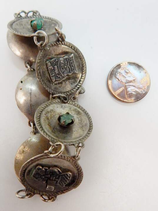 Vintage 900 Silver Emerald & Aztec Figural Concave Discs Linked Bracelet image number 8