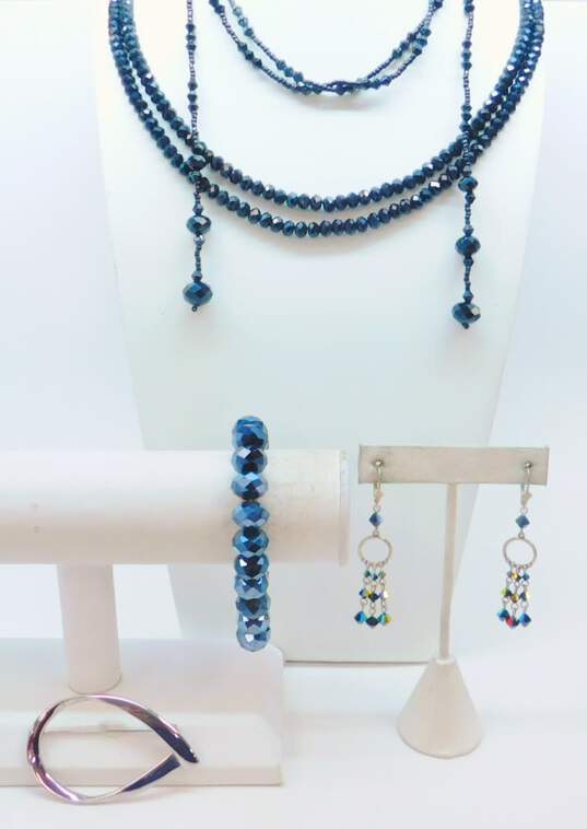Vintage Black Crystal Beaded Necklaces Dangle Drop Earrings Bracelet & Abstract Loop Brooch 145.8g image number 1