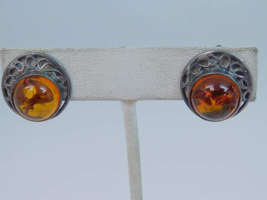 Signed Israel & Artisan 925 Amber Cabochon Circle Onyx Textured Modernist & Knot Square Clip On Earrings Variety 24g image number 5