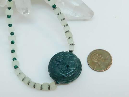 Artisan 925 Carved Nephrite Pendant Malachite Clear Glass Faux Pearls & Green Beaded Necklaces Variety 103.4g image number 4
