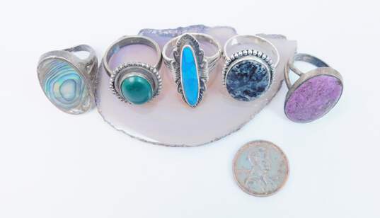 Variety 925 Sterling Silver Abalone Malachite & Faux Turquoise Multi Stone Rings 31.0g image number 5