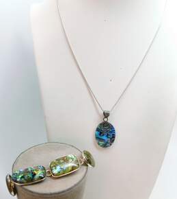 Artisan 925 Abalone Pendant Necklace & Shell Linked Toggle Bracelet