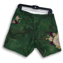 Free People Womens Green Camouflage Embroidered Raw Hem Cut-Off Shorts Size 8