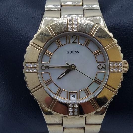Guess 34mm Case Vintage Design Gold Tone, Crystal Bezel, MOP Dial Lady's Quartz Watch image number 1