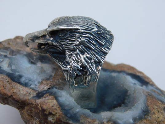 Men's Sterling Silver Moissanite Eagle Head & Black Enamel Triangle Rings 27.5g image number 3