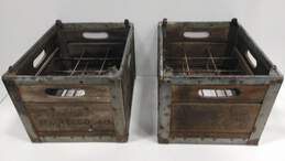 Pair Of Vintage Double Headed Distressed Wooden Metal Milk Crates