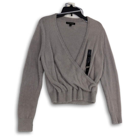 NWT Womens Gray Faux Fur Wrap V-Neck Long Sleeve Pullover Sweater Size M image number 3