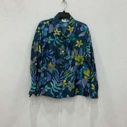 Womens Blue Floral Embroidered Collared Long Sleeve Button-Up Shirt Size 3